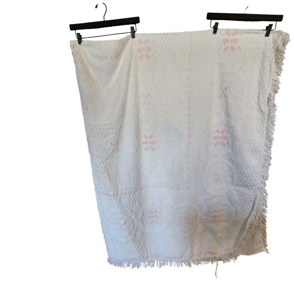 Vintage White Chenille Bedspread With Pink Floral Design & Fringe Edges 90 x 108
